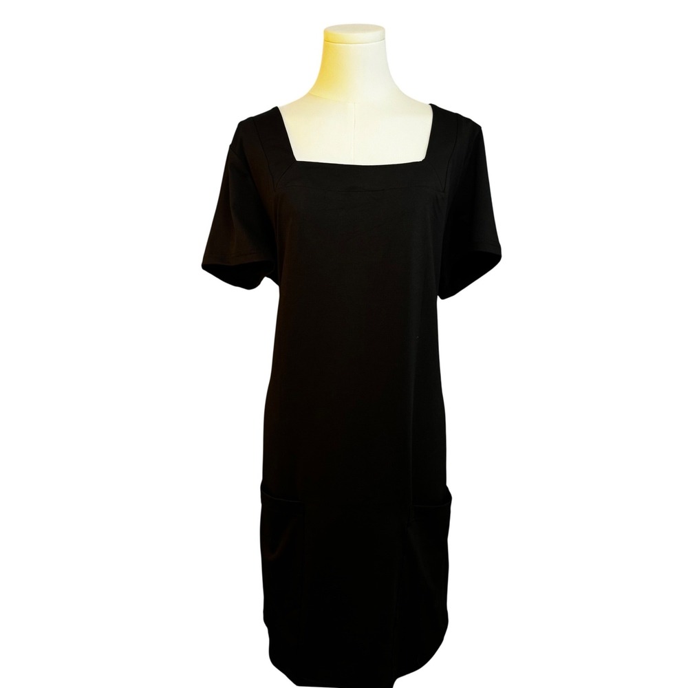 AlvaQ Black Square Neck Short Sleeve Shift Dress with Pockets XL Capsule Piece